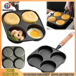 Winnereco 4-Hole Frying Pan Wooden Handle Non Stick Breakfast Burger Egg Pancake Maker Egg Pancake Steak Cooking Pan Suitable for Gas Stove Induction Cooker