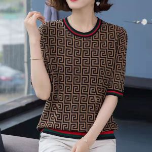 Summer middle-aged mother Clothes Plus Size Short Sleeve Women Loose Cover belly T-shirt Checked half sleeve ice silk blouse floral t shirt female 100kg can wear