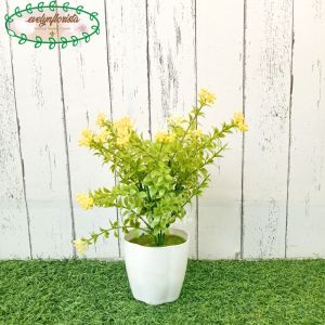 Pohon Daun Buxus Bunga Kuning Bunga Artificial Pot Plastik Putih Hiasan Meja Cafe Meja Kerja Aesthetic