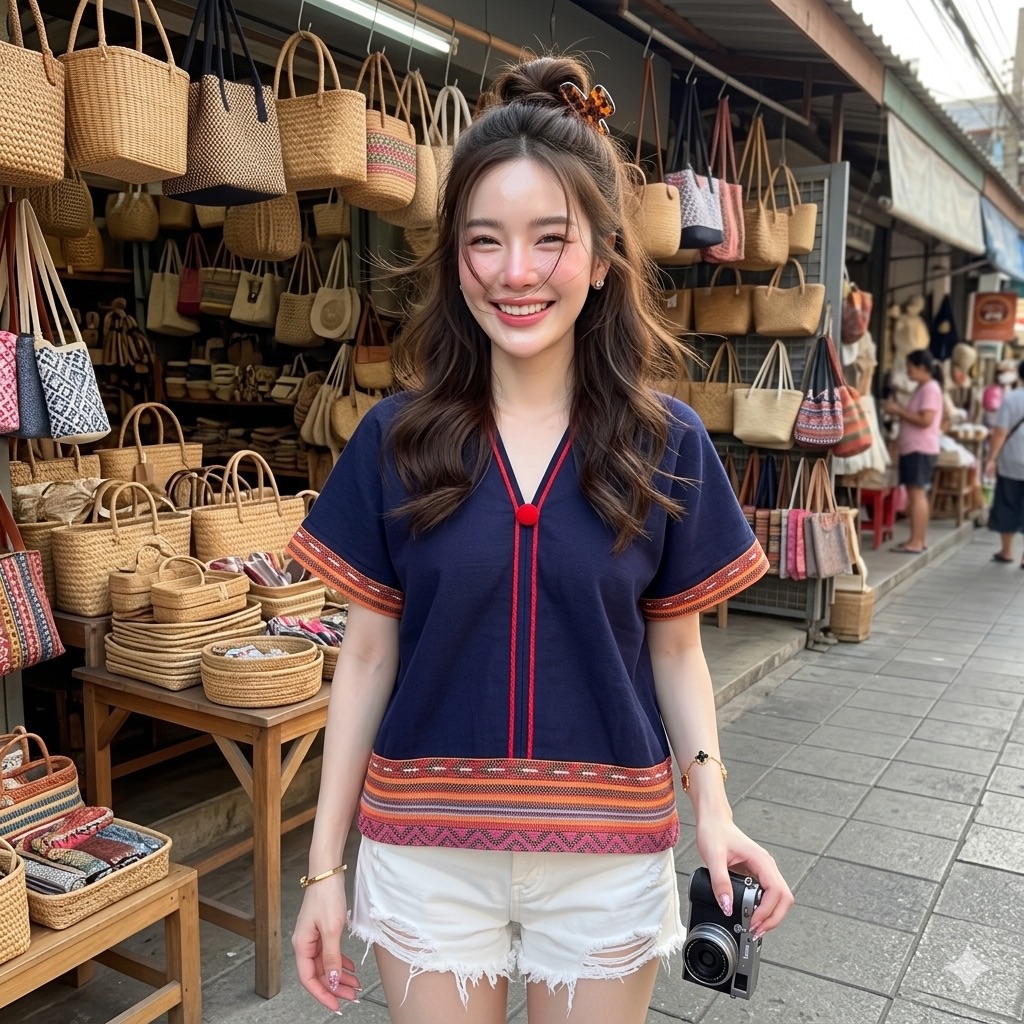 LANNA เสื้อผ้าฝ้ายคอวีหน้าหลัง แขนลวดไหล่ แต่งผ้าทอนากา ทรงหลวมสบาย คละสี มุมมองที่ 6