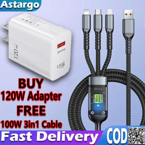 3in1 120W 6A Super Fast Charger set Anti-breakage braided Cable Transparent light Digital Display luminous Data Cable 1.2 Meter And 120W Quick Super Charger QC 5.0 Power Charger USB Adapter combo
