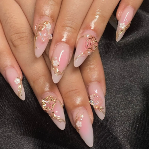 24pcs Short Almond Press On Nail Full Cover Stick on Nail Acrylic Nail Set with 3D Floral Charm False Nail for Women