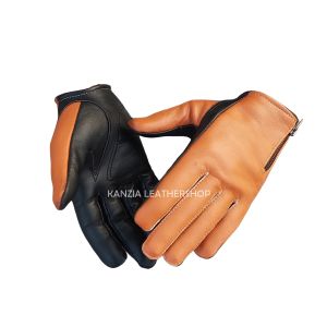 Sarung Tangan Kulit Slimfit Resleting Kanzia Leathershop Kombinasi Tan