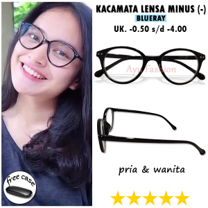 OPTIK KACAMATA - FREE CASE - Kacamata 2 Lensa Antiradiasi & Minus Rabun Jauh Ready Ukuran -0.50 Sampai -4.00 Bentuk Oval Frame Hitam Ringan Kokoh Full Frame - BISA COD