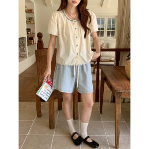 2026 Summer Women Drawstring Elastic High‑Waist A‑Line Loose Denim Shorts