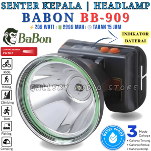 Senter Kepala Super Terang BABON BB-909 200 Watt | Headlamp LED 200W Babon BB-909 Anti Air Cahaya Putih Baterai Litihum 9900 mAh Bisa Di Cas | Senter Kepala Super Terang Terbaru Dan Termurah | Gallery Audio