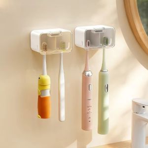 IFFINE Dustproof Double Toothbrush Holder Flip-top Couple Style Electric Toothbrush Storage Rack Wall-Mounted Toothbrush Storage Box Bathroom Organizer