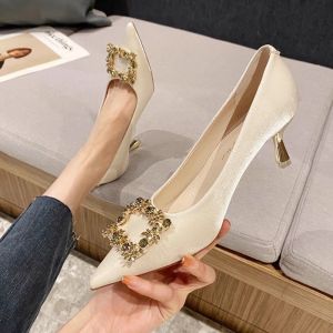 Beige Shoes with Heels Satin Elegant Pointed Toe Formal Shoes for Women Bridal shoes 2 inches Close Shoes High Heels