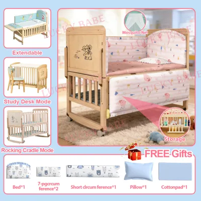 【BABE】Kuna Wooden Crib on sale wooden shelves bed chair crib for baby Rocker Crib with Mosquito Net and Diaper Changing Table Baby Crib Nursery Playpen Solid wood unpainted baby bed bb cradle bed