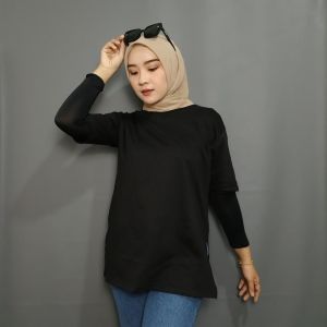 Kaos Oversize Wanita Premium Cotton Polos dengan Slit Lengan - Ukuran L/XXL
