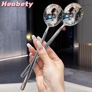 Heabety Stainless Steel Spoon Korean Long Handle Tableware Thicken Stirring Ice Spoon Meal Spoon Household Dinner Spoon