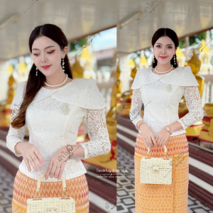 เสื้อลูกไม้ คอกลม แขนยาว แต่งแขนปีกนก งานเข้ารูปทรงสวย ใส่ไปวัดทำบุญ ไฮโซมาก