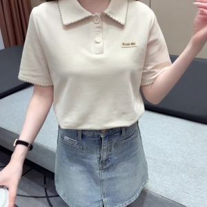 Ammin 2024 Mùa Hè màu mới Tương Phản Bọc cổ áo polo tay ngắn Tinh Khiết Cotton T-Shirt Của Phụ Nữ Thời Trang Giản Dị Thư thiết kế thêu màu trơn Áo Blouse thanh lịch