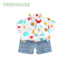 TREEHOUSE baby terno for girls set Summer Fashion Color Block Pattern Short Sleeve Shirt + Shorts Two-piece Girls Clothing Set