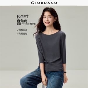 Giordano Women Boat neck 3/4 sleeve slim rib tee Free Shipping 05326781