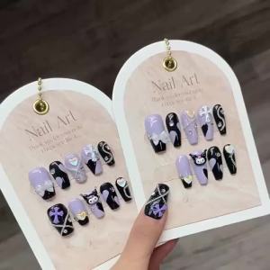 [HANDMADE]Artificial Nail Dopamine Kuromi Black Purple Contrast Color Babes Cute Phototpy Nails Reusable and Removable Nails
