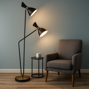 Lampu Lantai Minimalis Adjustable Dual Head Desain Modern Hitam Emas untuk Dekorasi Interior Ruangan