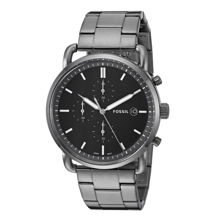 Stainless Steel Commuter Chronograph Black Leather Watch Fossil Fs