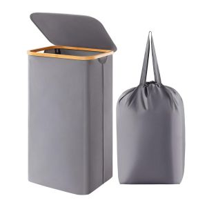 SDFBN Collapsible Slim Laundry Hamper with Lid Foldable Bamboo Handles Clothes Basket Bin Portable Removable Inner Bag Dirty Clothes Basket Bathroom