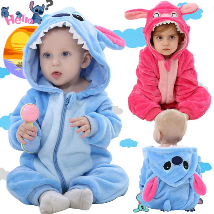 Newborn Baby Stitch One-piece Rompers Cartoon Onesie Sleepwear Kids Flannel  Hooded Jumpsuit 0-36Month Baby Bodysuit Outfit Lazada PH
