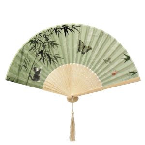 OOC Chinese Style Tassel Folding Fan Swallow Butterfly Handheld Fan Performance Cherry Blossoms Bamboo Fan Home Decoration