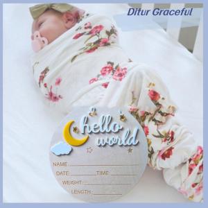 Ditur Wooden Hello World Newborn Sign Cute Birth Announcement Board Baby Announcement