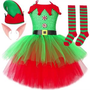 Red Green Christmas Elf Costumes for Girls Xmas Elves Fairy Dresses for Kids New Year Outfit Festival Clothes with Hat Socks2026