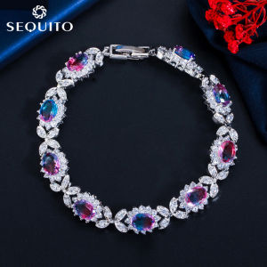 Sequito Hot Bán Tuyệt Đẹp cầu vồng huyền thoại Topaz hoa quyến rũ Vòng Đeo Tay Vòng Đeo Tay Inlay CZ Nữ Buổi Tối tiệc tối Đồ Trang Sức B086