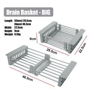 JOM23 304 Stainless Steel Retraceable Drain Basket Sink Rack Kitchen Drain Basket Retraceable Dish Rack Sink