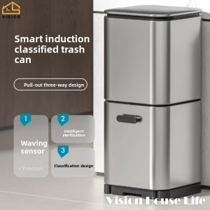 Vision 18L/21L Intelligent Induction Trash Can Automatic Stainless Steel Garbage Can with Disinfection Kitchen Smart Motion Sensor Trash Bin with UV sterilization Large Capacity Touchless Infrared Trash Waste Bin for Bedroom Bathroom Office