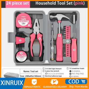 Multifunctional Home Repair Hand Tool Set Pliers Tape Measure Hammer Wrench Screwdriver Pink Hardware with Toolbox