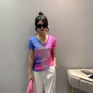 Ammin 2024 mùa hè mới cổ điển Áo chui đầu cổ chữ V thời trang phù hợp với chuyển màu Smudging in ngắn tay cotton nguyên chất T-Shirt phụ nữ phong cách Hàn Quốc cộng với kích thước áo blouse thanh lịch giản dị