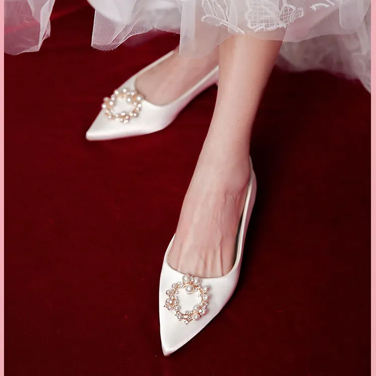 Wedding Shoes Women Bridal Shoes Satin Pearl Rhinestone Pointed