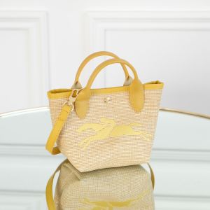 Longchamp womens straw top-handle handbag 2021 L10162HYT with horse logo in multiple colors.