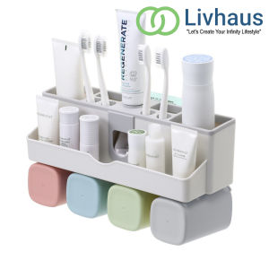 Livhaus Ready Stock Plastic Drill Free Wall Mount Auto Squeezer Toothpaste Dispenser & Bathroom Toothbrush Holder