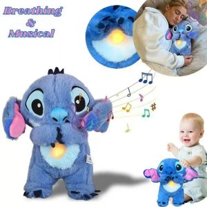 Stitch Otter Koala Kawaii Musical Plush Doll with Soothing Sound Light and Breathing Function for Newborn Baby Children Sleep Companion Gift