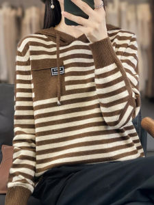 Winter Pure Wool Fashion Soft Sweater Autumn Female New Women Hooded Collar Strip Pullover Cashmere Loose Casual Knit Base Top