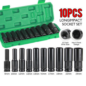 10Pcs 1/2" Impact Socket set  8-24mm Length Extra Long Deep Impact Socket Metric Air Pneumatic Sockets set Drive Deep Impact Sockets for cars motorcycles bicycles Repair Tools
