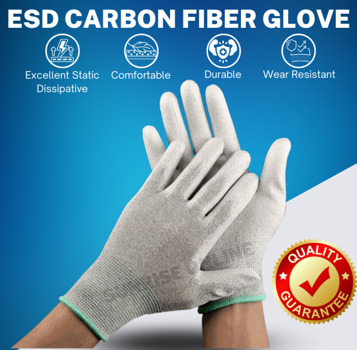 (ORIGINAL) ESD Carbon Fiber PU Palm Coated Gloves Grey (1 Pair)(Good  Quality, Comfortable) Anti Static 防静电手套 工作 Cleanroom