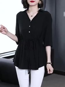 (M-5XL) Áo sơ mi công sở màu xanh lá cây tay dài 3/4 cho nữ size lớn chất liệu chiffon cổ chữ V dáng rộng dài vừa phải phong cách gợi cảm kiểu Hàn Quốc áo thun trơn mặc đi làm.