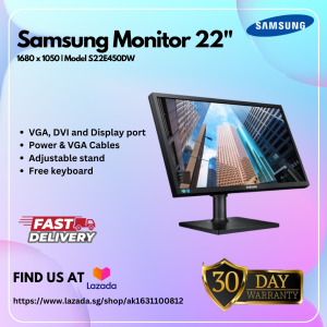 Samsung 22" Monitor S22E450DW | 1680x1050 Desktop Monitor | Adjustable Stand for Height | VGA DVI and Display Port Refurbished | Refurbished as New