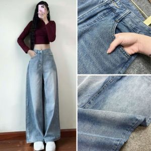 Quần jean xuông Bigsize nữ phối màu loang xanh vải dày dặn lưng cao tôn dáng năng động thời trang - Q540