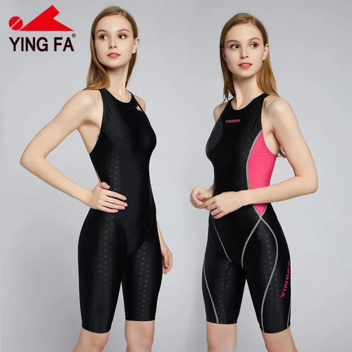 FINA Approved Competition Swimwear Girls YINGFA Training Sporty Swimsuit Sharkskin Swimwear Women Knee Length Breathable Fabric Racing Suit