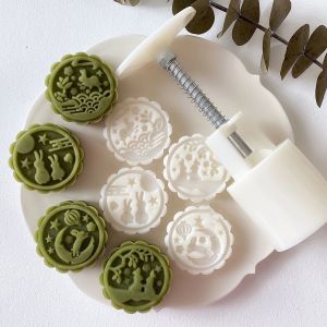 Minoa 2026 mooncake mold 月饼模具 4pcs/set Reusable DIY Cake Decoration Manual Pressure Pastry Accessories Bakeware Rabbit Dance Shape Kitchen Tools Moon Cake Mould