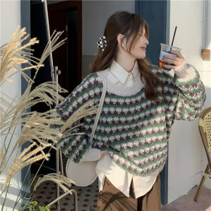 Wanita rajut sweaters lengan panjang garis longgar atasan bulat leher