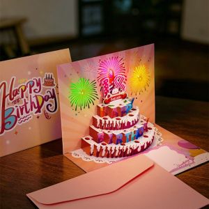FOUNDTWO Có thể gấp lại Thiệp Sinh Nhật Có Đèn Nhạc 3D Sáng tạo Cửa sổ bật lên Thiệp chúc mừng sinh nhật Đẹp Rỗng Thiệp chúc mừng ngày lễ bánh ngọt Quà sinh nhật