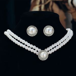 2Pcs/Set Round Pearl Necklace Retro French Earrings Simple Banquet Female Clavicle Chain Accessories