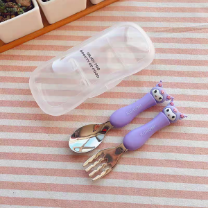 【Melody】Cartoon Stainless Spoon & Fork Set With Case For Kids Cute Short Handled Childrens Tableware #BK0032#