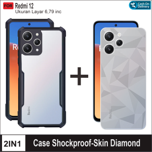 Paket 2in1 Casing Redmi 12 4G Case Armor Shockproof & Skin carbon