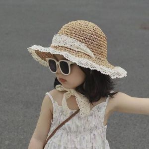 AODUOYAYA Girls Summer Straw Fisherman Hat Lace Bow UV Protection Sun Hat for Kids Beach Outdoor